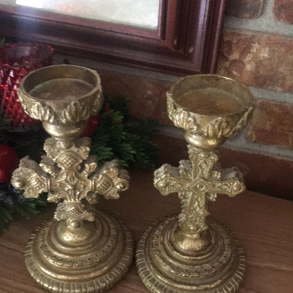 Rare Vintage Gold Cross Candle Holders Set - Picture 3 of 8